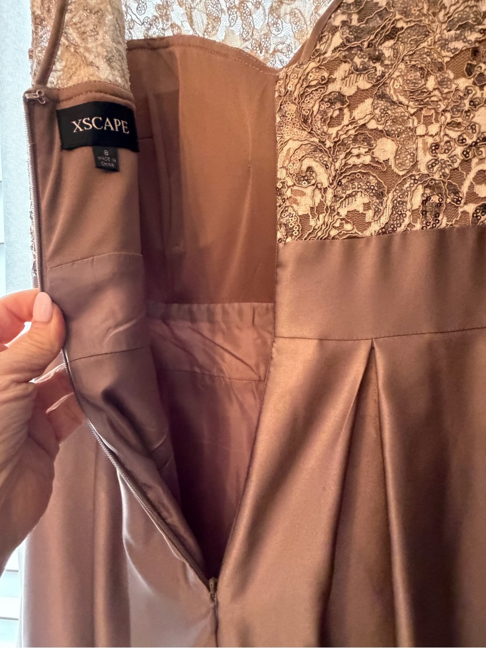 Xscape Taupe Satin Maxi Dress with Embroidered Bodice - Picture 5 of 12